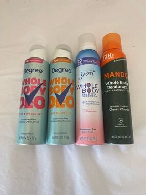 New 4 Lot scented Degree, Secret, Mando all over body deodorant aluminum free